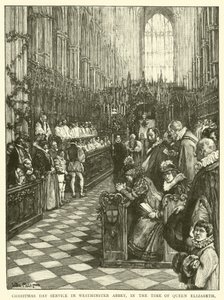 Kerstmisdienst in Westminster Abbey, in de tijd van koningin Elizabeth door Walter Paget