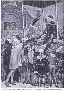 Kroningsprocessie van Hendrik V aankomend bij Westminster Abbey 1413, uit Cassells History of the British People gepubliceerd door de Waverley Book Company Limited, ca. 1940 door Walter Paget