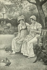 Jane Austen, naaiend, met haar zus Cassandra in de pastorie tuin door Walter Paget