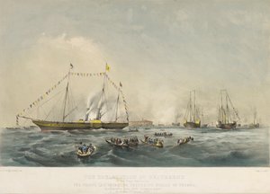 Het aan boord gaan van prins Frederik Willem IV van Pruisen (1795-1861) en zijn vrouw Elizabeth van Beieren (1801-1873) op het schip Victoria en Albert, in Gravesend, Engeland, op 2 februari door Walter William May