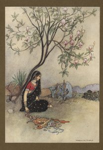 Plaat 28: "Zo werd de prinses verlaten.", uit Folk-Tales of Bengal ... Met 32 illustraties in kleur door Warwick Goble. (Edition de luxe.) 1914 door Warwick Goble