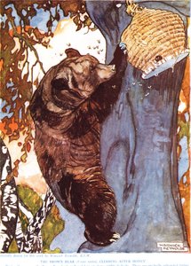 De bruine beer (Ursus arctos), klimmend naar honing, illustratie uit 