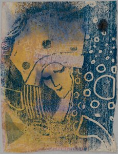 Farbholzschnitt-Probedrucke; Vorderseite: Frauenkopf mit großer Haube, Hintergrund mit Kreismusterung; Rückseite: Hand, stehende Gestalten door Wassily Kandinsky