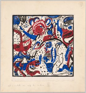 Holzschnitt nach dem Hinterglasbild "Große Auferstehung" (Probedruck mit Anweisungen für Kandinskys Buch "Klänge" (1912), S. 97) door Wassily Kandinsky