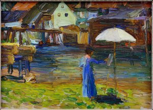 Kallmünz – Gabriele Münter aan het schilderen I door Wassily Kandinsky