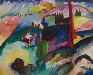 Landschap met fabrieksschoorsteen. 1910 door Wassily Kandinsky