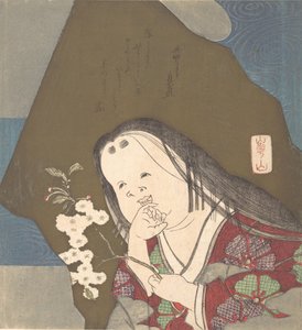 Otafuku met een Tak van Dubbele Witte Kersenbloesems, ca. 1840