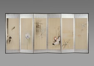 Paar vouwschermen: Bloemen van de twaalf maanden, ca. 1900 (inkt en kleur op papier) door Watanabe Seitei