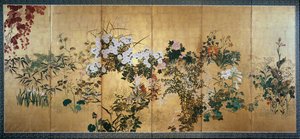 Scherm met herfst- en winterbloemen, begin 18e eeuw door Watanabe Shiko
