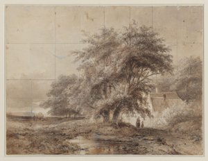 Landschap met rechts onder de bomen een boerderij, met een vrouw en een kind ervoor door Weissenbruch (workshop of)
