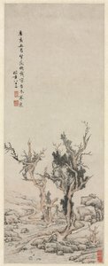 Oude bomen bij een winterse beek, 1551 door Wen Zhengming