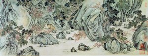 De Reis naar het "Land van de Onsterfelijken" (detail) van "De Perzikbloesembron" uit een gedicht getiteld "Tao Yuan Bi Jing" door Wang Wei