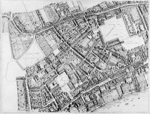 Vogelvluchtplan van het westelijke centrale district van Londen, 1660-6 door Wenceslaus Hollar