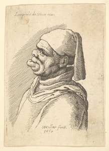 Buste van een misvormde man met een hoed en een dikke, uitstekende onderlip in profiel naar links door Wenceslaus Hollar