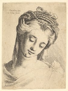 Buste van een Jonge Vrouw met Uitgebreid Hoofddeksel, Neerkijkend door Wenceslaus Hollar