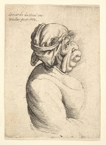 Borstbeeld van vrouw met vooruitstekende mond die een laag uitgesneden jurk en doek om haar hoofd draagt, 1660 door Wenceslaus Hollar