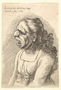 Borstbeeld van vrouw met wijd open mond en lang krullend haar over haar schouders, 1665 door Wenceslaus Hollar
