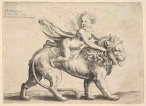 Cupido op een leeuw, 1652 door Wenceslaus Hollar