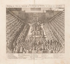 Afbeelding van de zitting van het Parlement van Londen over de veroordeling van de Graaf van Stafford, ca. 1642 door Wenceslaus Hollar