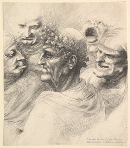 Vijf groteske hoofden, waaronder een oudere man met een eikenbladkrans door Wenceslaus Hollar