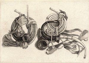 Vijf jachthoorns door Wenceslaus Hollar