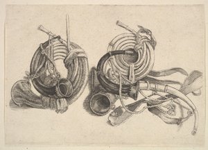 Vijf jachthoorns, 1625-77 door Wenceslaus Hollar
