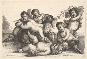 Vier jongens, twee saters en een geit, 1654 door Wenceslaus Hollar