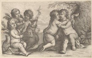 Jezus en Sint Jan omhelzen elkaar, met cherubijnen door Wenceslaus Hollar