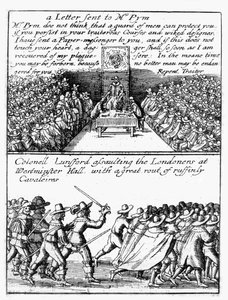 John Pym leest een brief voor in het Lagerhuis; Kolonel Thomas Lunsford en zijn soldaten vallen Londenaren aan door Wenceslaus Hollar