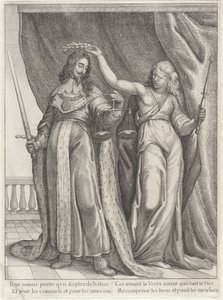 Koning Karel I van Engeland gelauwerd door Justitia