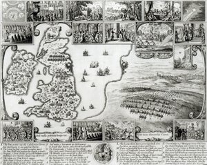 Kaart van Burgeroorlog Engeland en een uitzicht op Praag, 1632