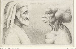 Misvormde karikatuurkoppen van een man met muts (Dante?) en vrouw