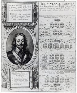 Portret van koning Karel I met diagrammen van de formatie van zijn troepen tijdens de Bisschoppenoorlog, ca. 1639 door Wenceslaus Hollar