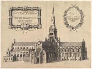 Saint Pauls vanuit het zuiden met de torenspits, Ecclesiae Paulinae Prospectus door Wenceslaus Hollar