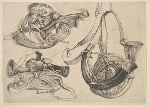 Zeven jachthoorns in drie groepen door Wenceslaus Hollar