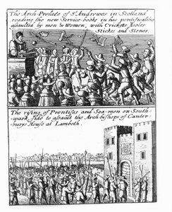 De aartsbisschop van St Andrews predikt in Schotland; opstand van leerlingen en zeelieden bij Lambeth Palace door Wenceslaus Hollar