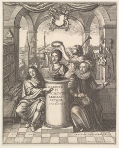 De Koninklijke Maatschappij, frontispice van Thomas Sprat, De Geschiedenis van de Koninklijke Maatschappij van Londen..., 1667 door Wenceslaus Hollar