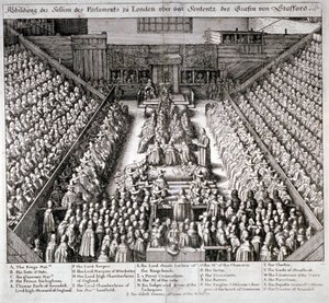 Het proces van Thomas Wentworth, Graaf van Strafford, Westminster Hall, Londen, 1641 door Wenceslaus Hollar