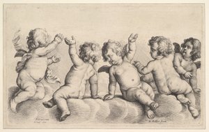 Drie cherubijnen en twee jongens op wolken door Wenceslaus Hollar