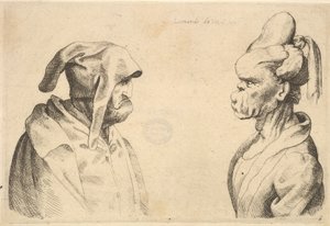 Twee misvormde hoofden die elkaar aankijken, 1625-77