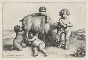 Vier jongetjes, een sater en een geit staand naar rechts door Wenceslaus Hollar