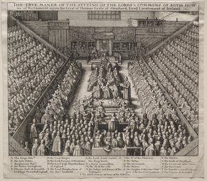 Westminster Hall, interieur, met het proces van de Graaf van Strafford door Wenceslaus Hollar
