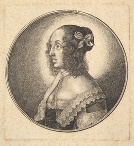 Vrouw met donker haar en een strik in profiel naar links