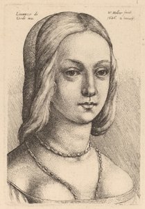Hoofd van een vrouw die naar rechts kijkt door Wenceslaus Hollar after Lorenzo di Credi