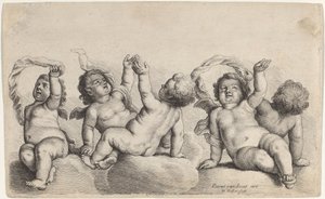 Drie cherubijnen en twee jongens die elk een arm omhoog steken op wolken door Wenceslaus Hollar, after Peeter van Avont