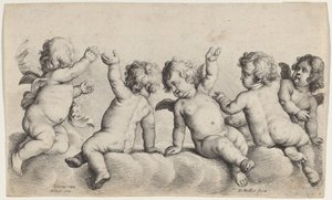 Drie cherubijnen en twee jongens op wolken door Wenceslaus Hollar, after Peeter van Avont