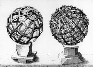 Perspectiefillustratie, twee sferen, gravure uit Perspectiva Corporum Regularium, door Wentzel Jamnitzer (1508-1585), Neurenberg