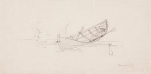 Een roeiboot gesleept op een boomstam in Maih door Werner Holmberg