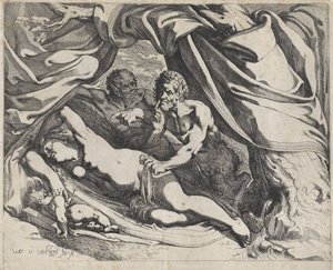Slapende Venus door saters bespied door Werner van den Valckert