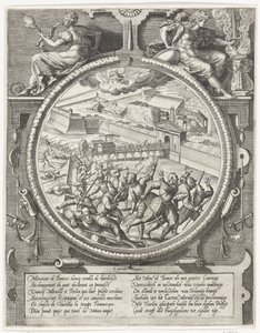 De troepen van Bourse verdrijven de Duitse soldaten van Treslong en Merville uit de citadel, 1577 door Wierix